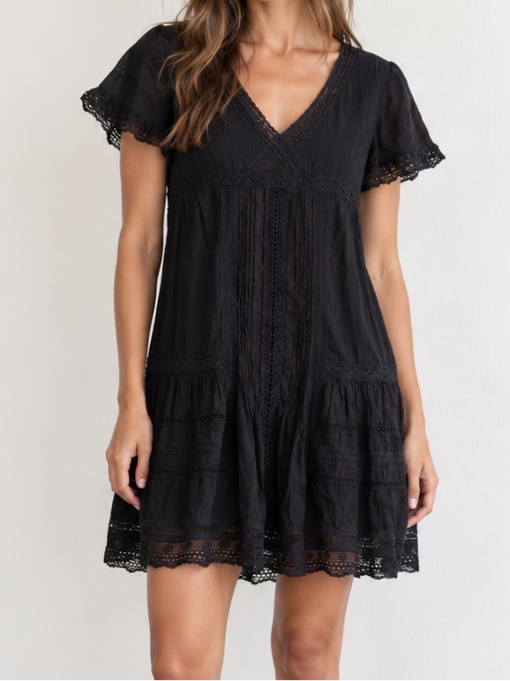 Anthropologie x Love Sam Black Cotton Lace Embroidered Mini Babydoll Dress Small